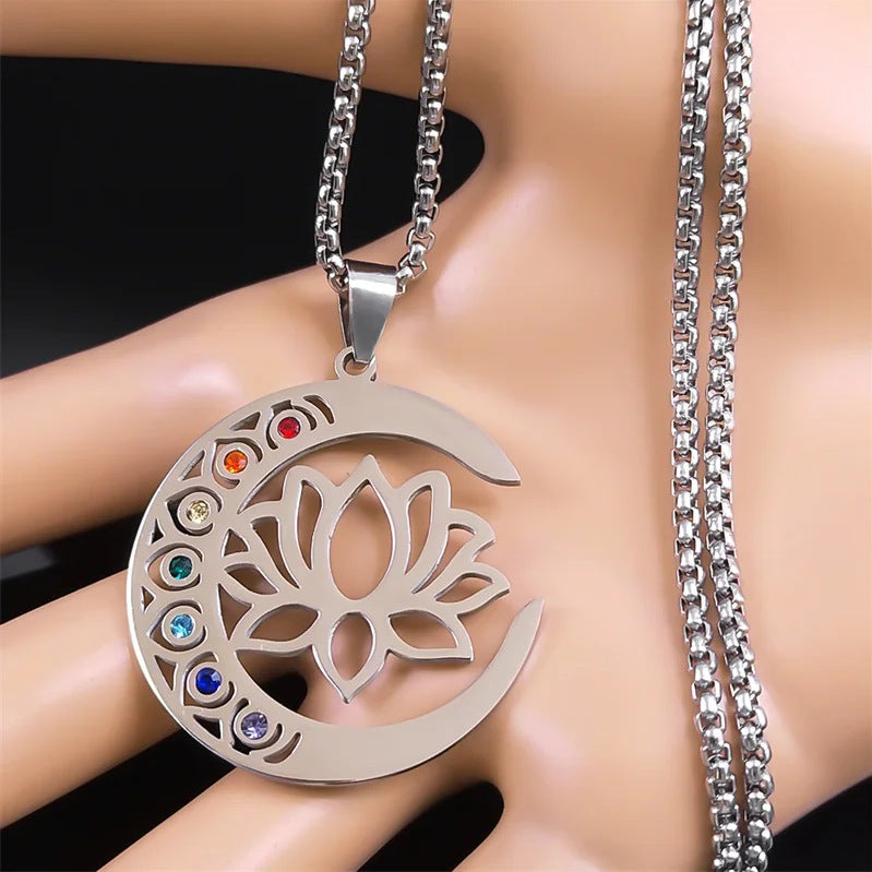 Lotus Moon Necklace Inlaid Jewel Personality Necklace